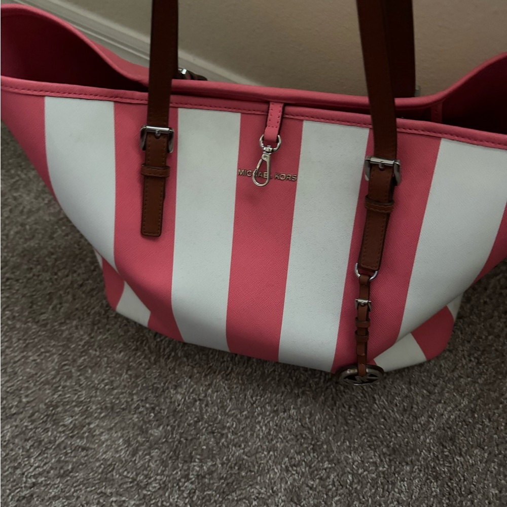 Michael Kors Pink and White Striped Tote